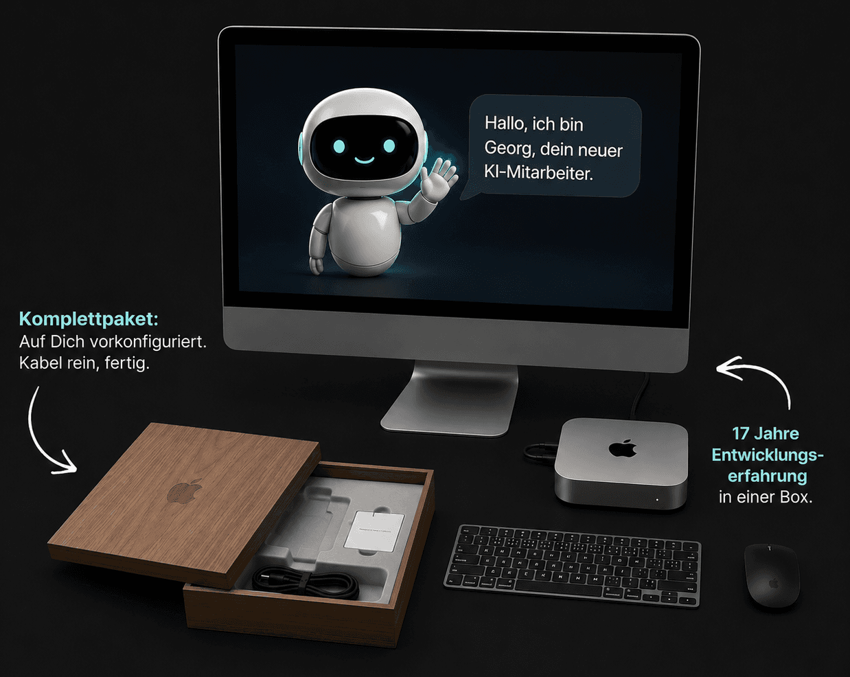Apple-Bildschirm zeigt einen freundlich winkenden KI-Roboter-Avatar mit Sprechblase „Hallo, ich bin Georg, dein neuer KI-Mitarbeiter.". Daneben Tastatur, Maus und ein Mac Mini, der bereits im offenen Holzkasten angeschlossen ist. Annotationen am Bild: „Komplettpaket: Auf dich vorkonfiguriert. Kabel rein, fertig." und „17 Jahre Entwicklungserfahrung in einer Box.".